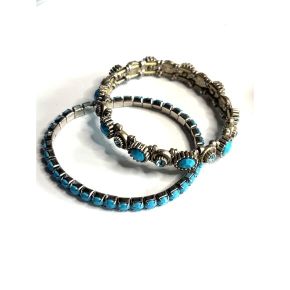 Turquoise & Silver-Tone Stretch Bracelets Set Of 2 - Picture 1 of 7